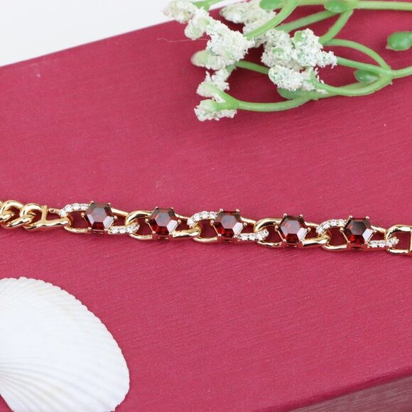 "Rose Gold Bracelet with Red Octagon Stones and CZ Link Detailing, XPBL0820 - Picture 12 of 13